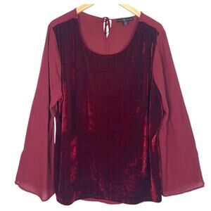 FD Fred David Womens XXL Burgundy Velvet Tie Back Sheer Sleeves Blouse